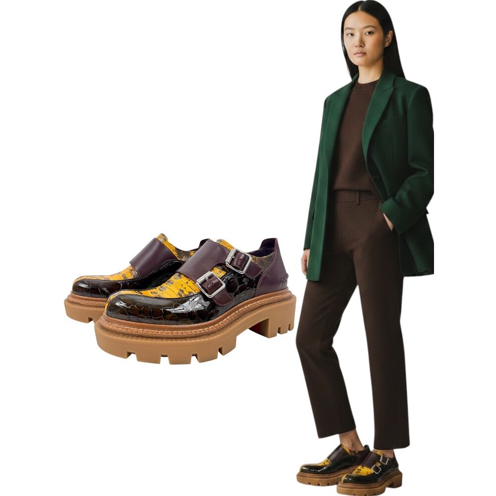 New Christian Louboutin Antonina College Croc Leather Loafers Brown Size 37.5
